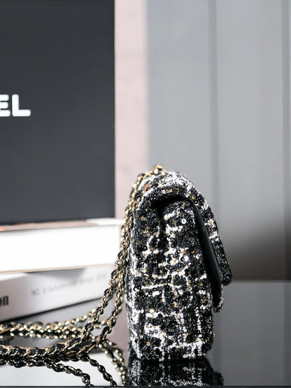 24S Flap Bag 20cm Black White Sequin Calfskin
