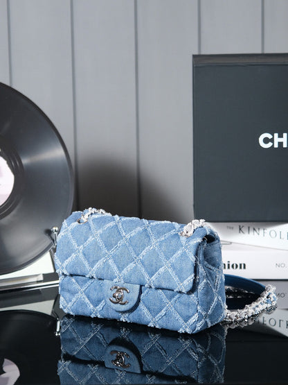24S Flap Bag 20cm Blue Quilted Denim