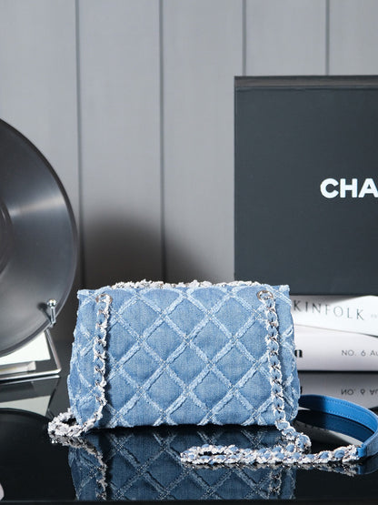 24S Flap Bag 20cm Blue Quilted Denim