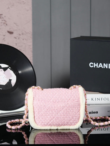 CC 24N Flap Bag 20cm Pink Beige Tweed Sherling