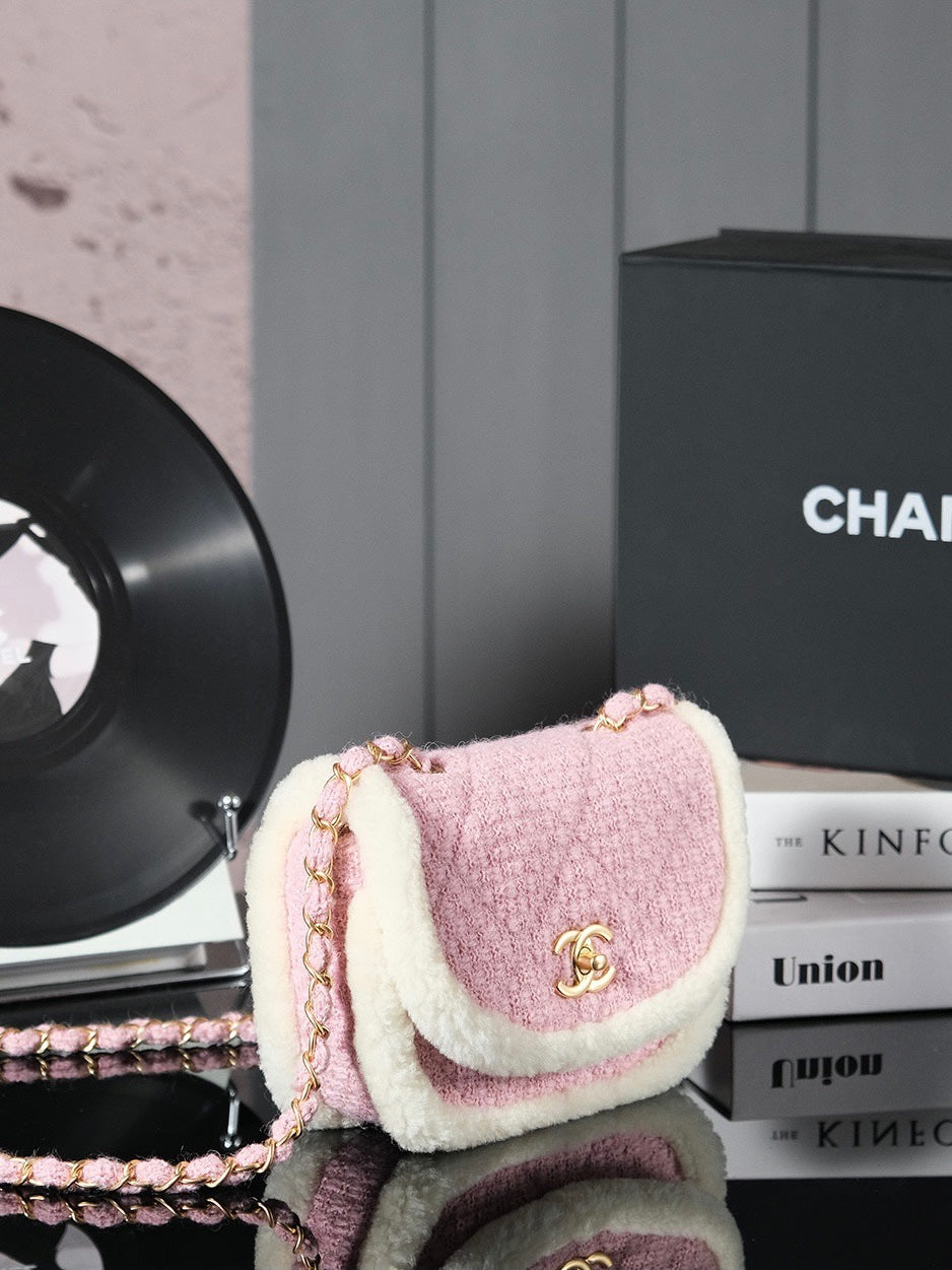 CC 24N Flap Bag 20cm Pink Beige Tweed Sherling