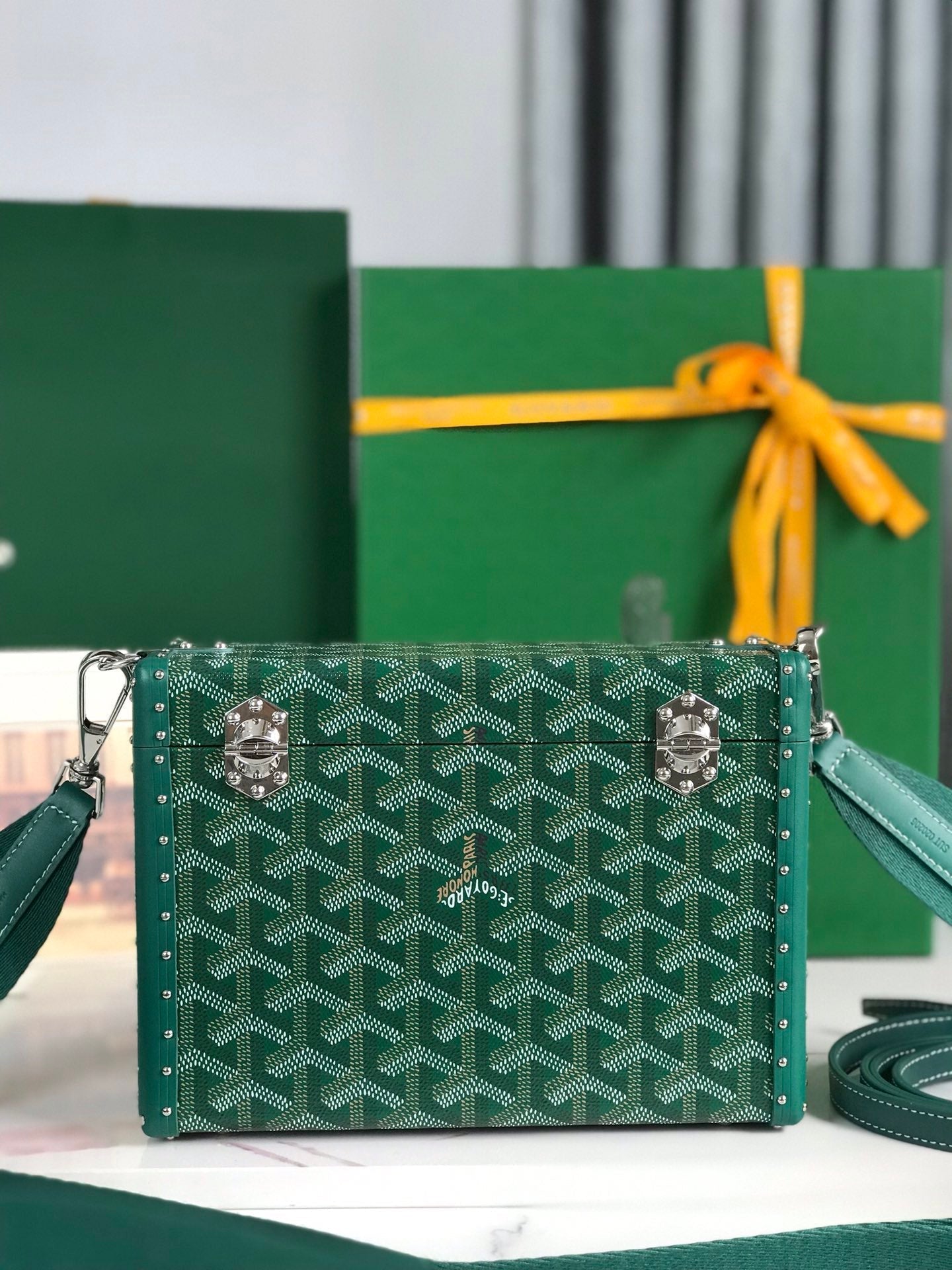 CASSETTE TRUNK BAG 21 IN GREEN GOYARDINE CANVAS & CLAMECY COWHIDE