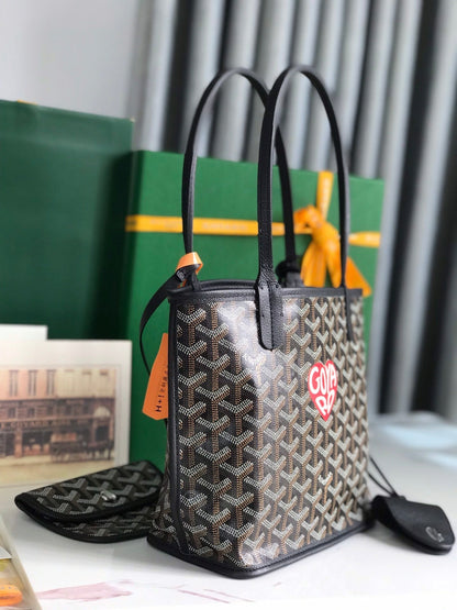 ANJOU MINI BAG 20 IN BLACK CALFSKIN AND GOYARDINE CANVAS