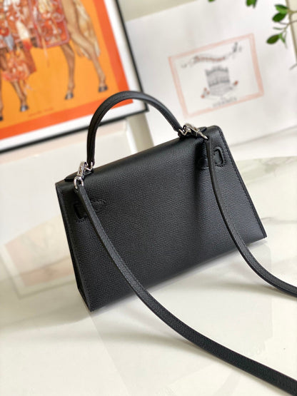 HM Mini Kelly 19cm Black Epsom Silver Hardware