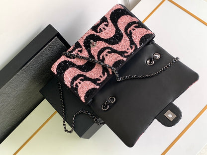 flap bag medium 25 black pink sequin silver hardware