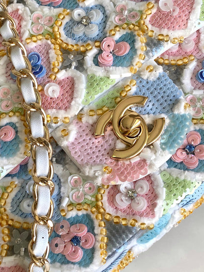 CC 24a Flap Bag 20cm Multicolor Sequin Satin Gold Hardware