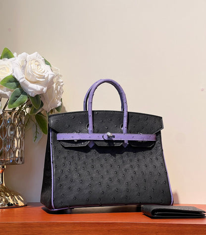 KELLY SELLIER 25 BAG IN BLACK MIX AMETHYST PURPLE OSTRICH LEATHER (MADE - TO - ODER)