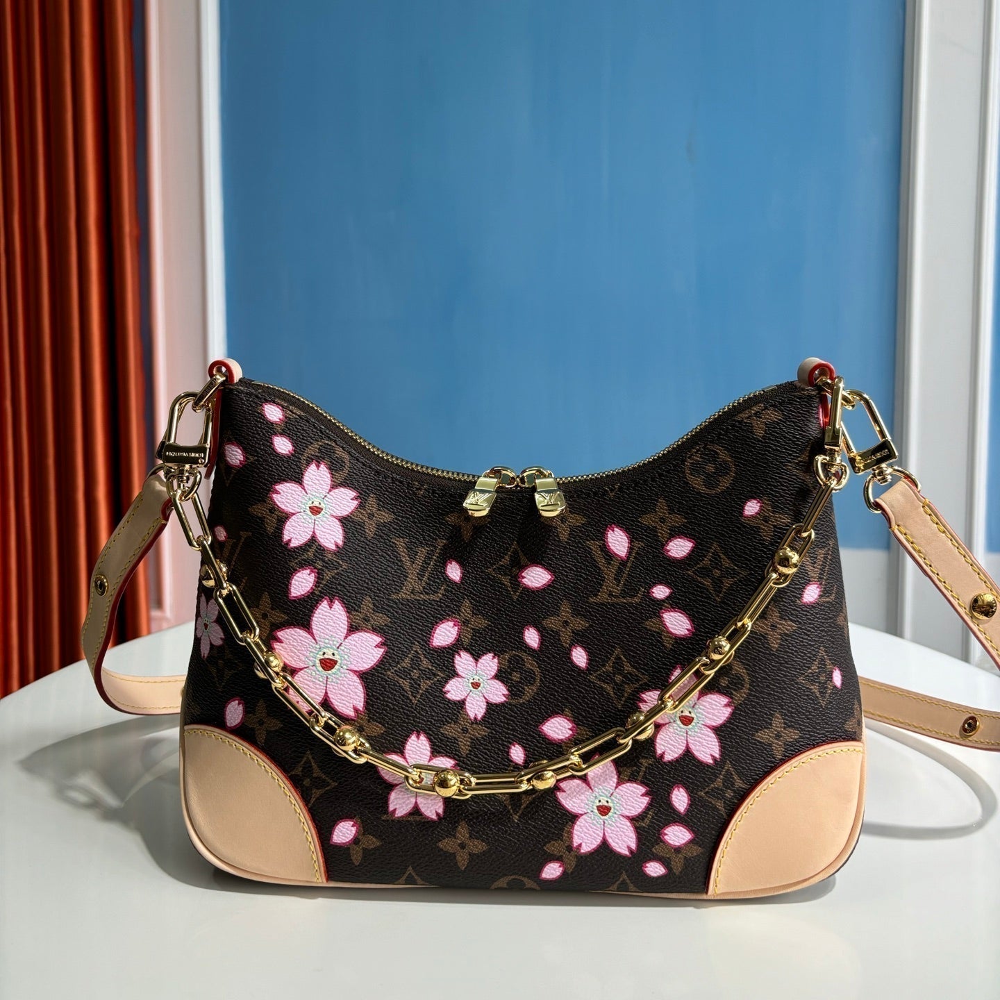 LV x TM Boulogne PM 29cm Sakura Brown Cherry Blossom Monogram Canvas