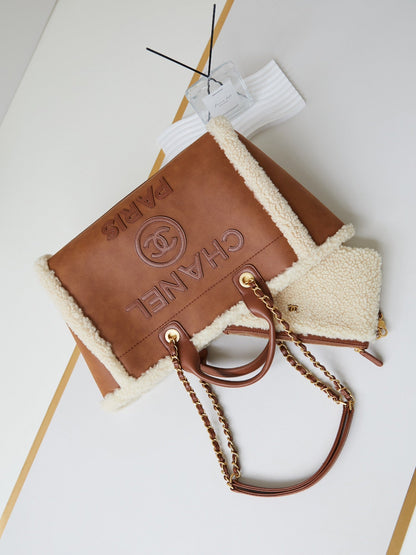 CC Shopping Bag 32cm Brown Beige Sherling Lambskin