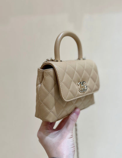 CC 24K Coco Hanle Nano 18cm Beige Grained Calfskin Gold Hardware