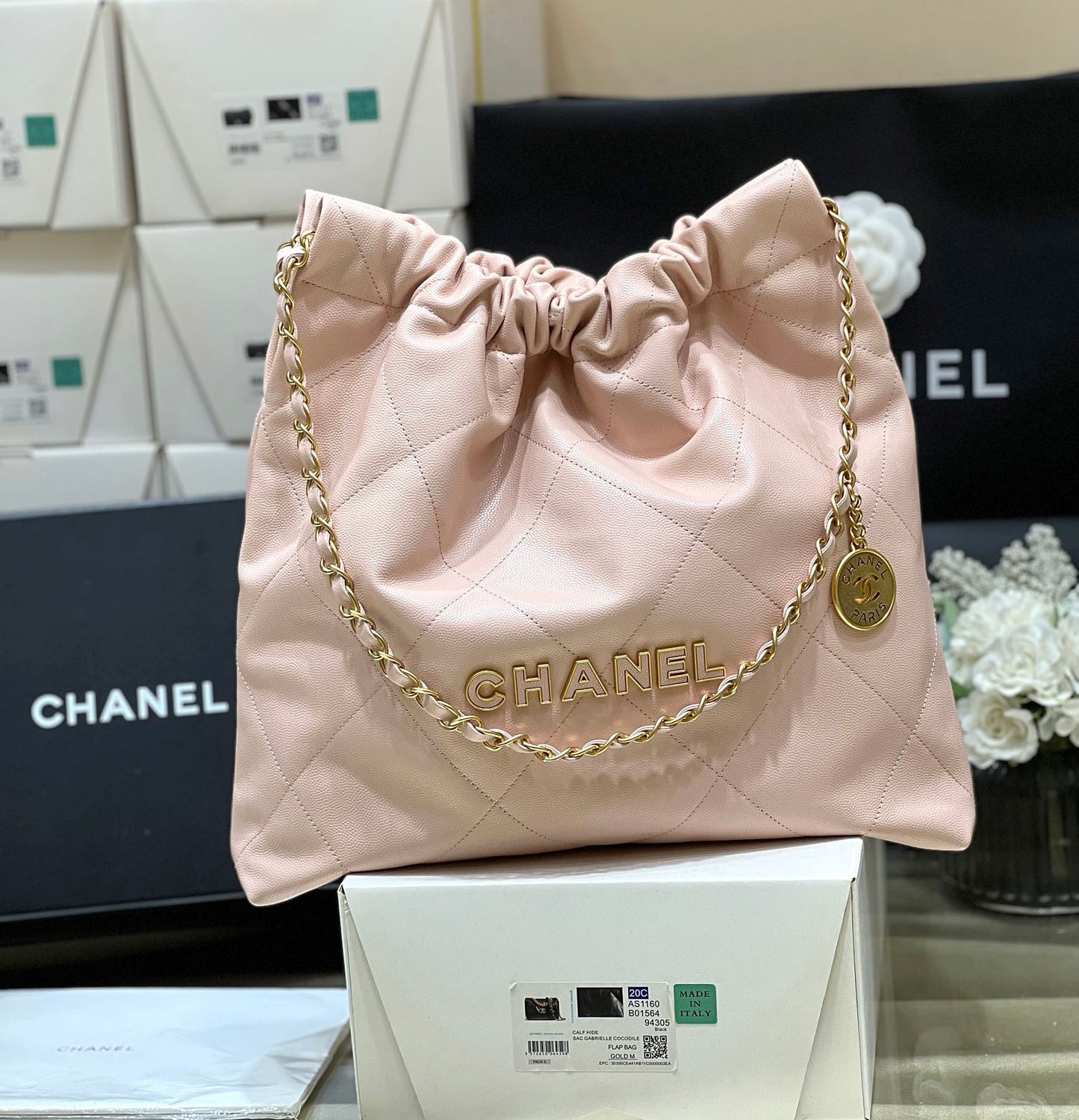 CC 24K Hobo 22 Bag Light Pink Grained Calfskin