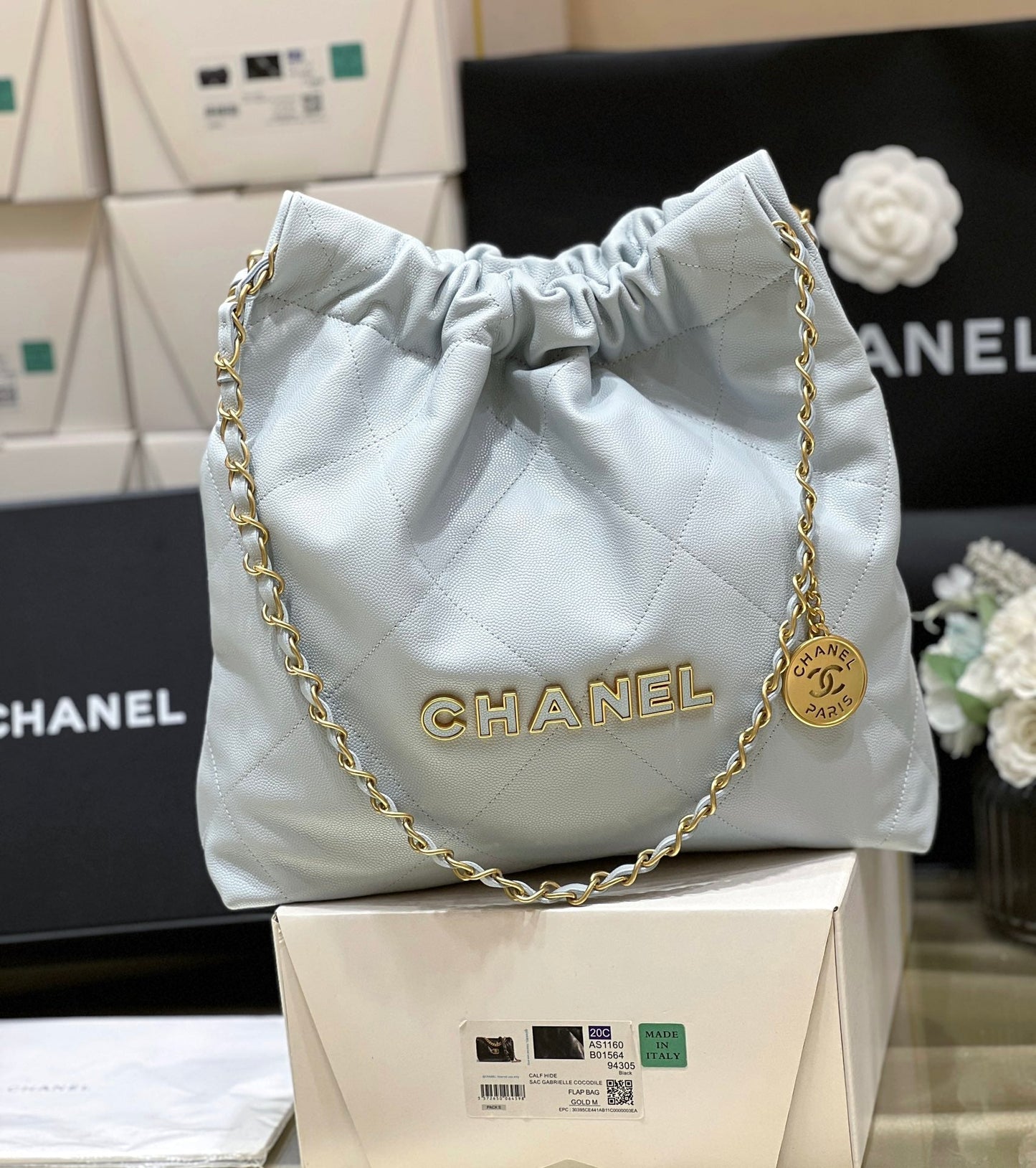 CC 24K Hobo 22 Bag Cloud Blue Grained Calfskin