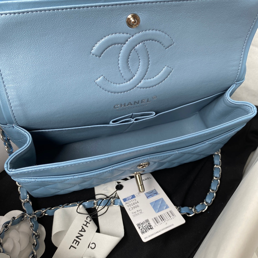 Medium Classic Flap Bag 23cm Blue Lambskin Silver Hardware